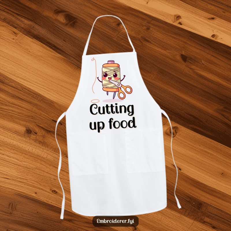 Funny anthropomorphic thread spool giggling and dancing with scissors on an apron, ready for sewing tasks with a playful spirit, perfect for funny apron wearers.