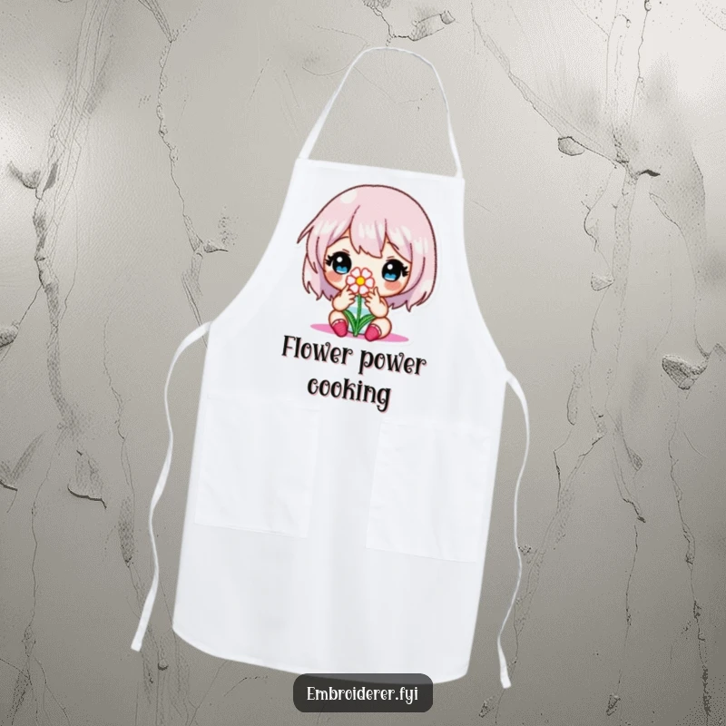 Funny apron featuring a character meticulously embroidering a tiny flower, perfect for keeping clean during detailed crafting.