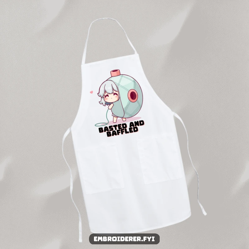 Funny Apron showing a character adorably wrestling a gigantic spool of embroidery floss, a humorous guardian for crafters.