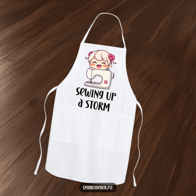Funny Apron: Joyful character happily using a sewing machine, designed for comfort and style while sewing.