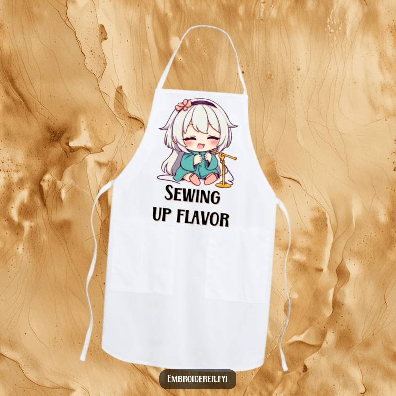 Funny Apron featuring a character winking playfully while skillfully threading a needle, ideal for a humorous cook or crafter.
