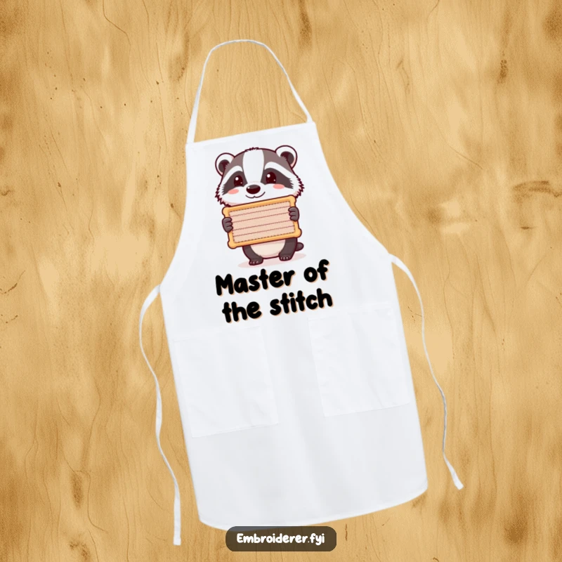 Funny Badger Stitch Apron, a proud badger holding a stitched piece, humorous and cute kitchen accessory for crafters.
