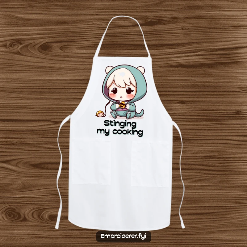 Funny Apron: Surprised character accidentally sewing a tiny, buzzing bee, ideal for crafting mishaps.