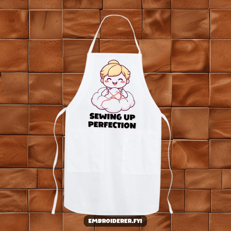 Funny smiling character wearing an apron, creating a fluffy cloud, symbolizing artistic endeavors and apron humor.