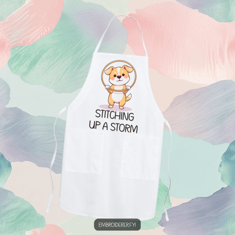 Funny Dog Hoop Apron, a dog stretching fabric in a hoop, humorous and cute kitchen accessory for crafters.