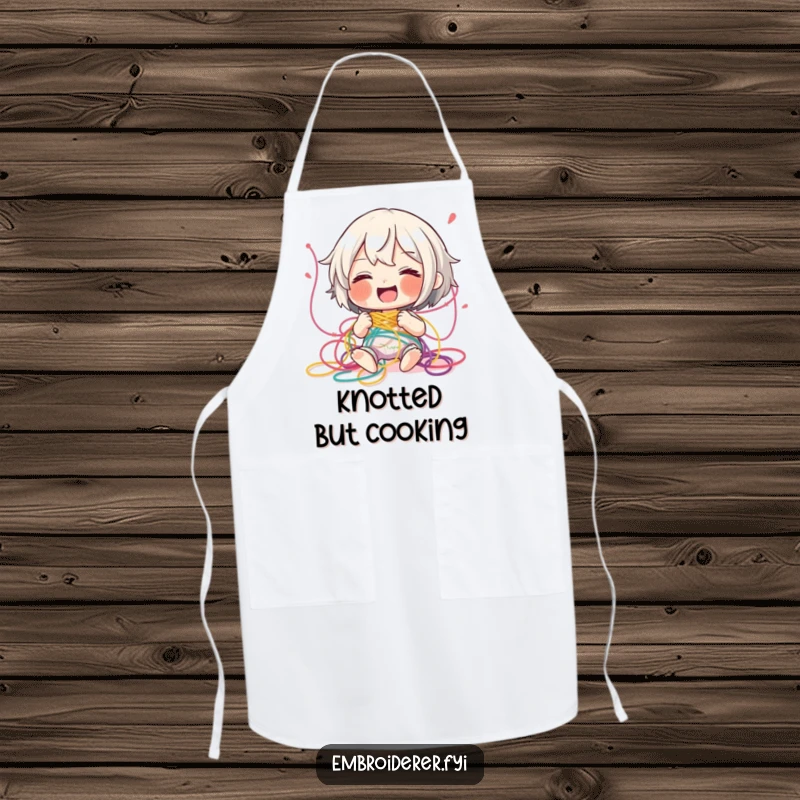 Funny tangled thread apron, illustrating a character giggling while playfully entangled in colorful embroidery threads, ideal for a crafter's workspace.
