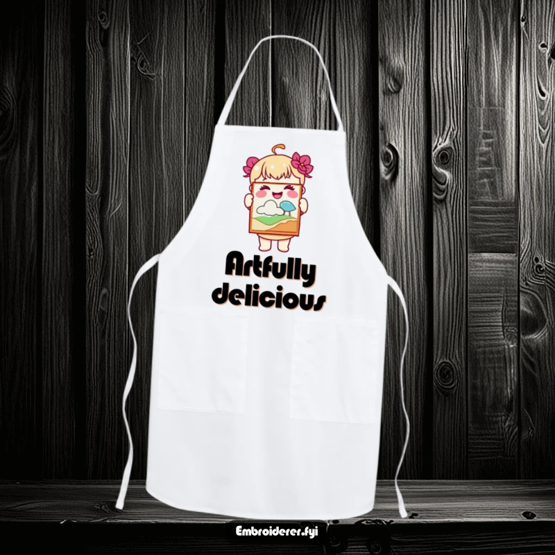 Funny apron featuring a joyful character holding up a piece of embroidered art, perfect for celebrating creative endeavors.