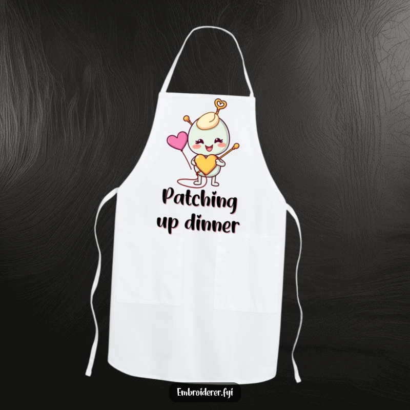 Funny anthropomorphic needle wearing an apron, happily stitching a colorful heart, ready for sewing tasks with a smile, perfect for funny apron wearers.