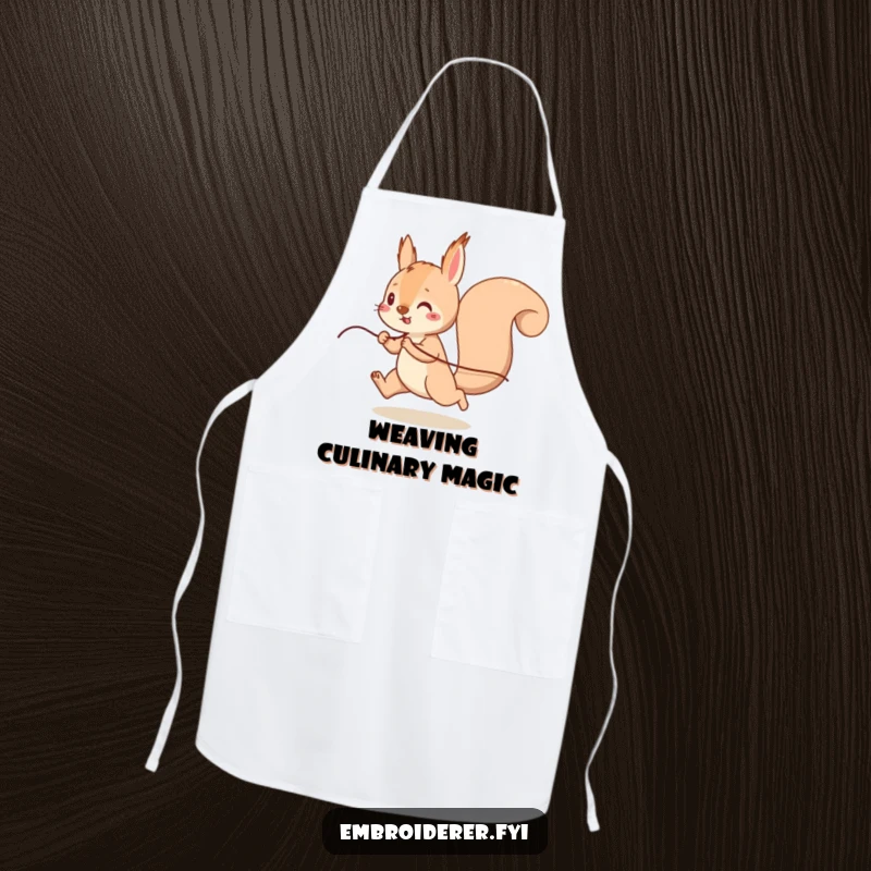 Funny Squirrel Thread Apron, a playful squirrel running with thread, humorous and cute kitchen accessory for cooks.