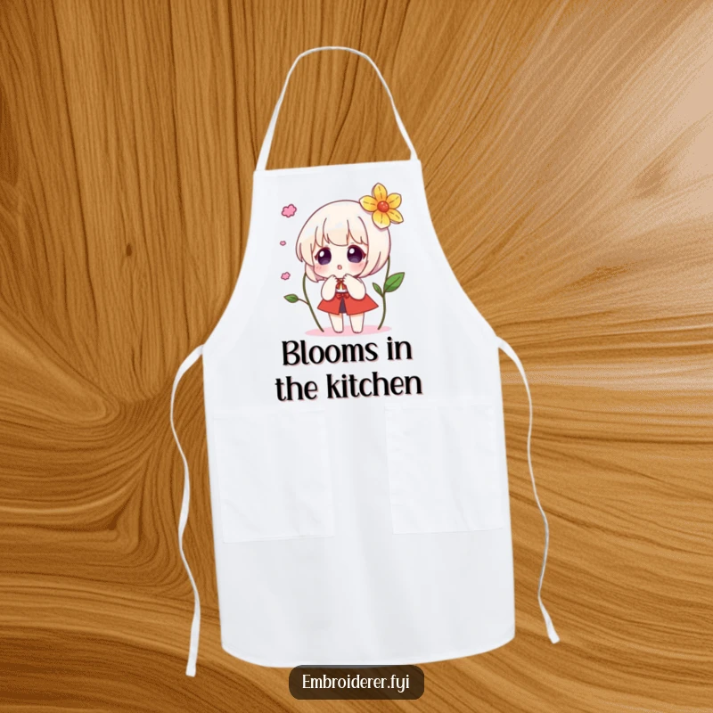 Funny apron depicting a character’s astonished reaction to a magically appearing embroidered flower, adding whimsical protection.