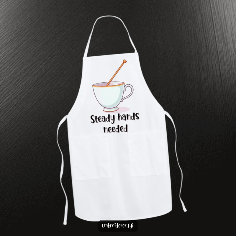 Funny apron with a teacup hilariously attempting to balance a giant needle, perfect for the funny chef.