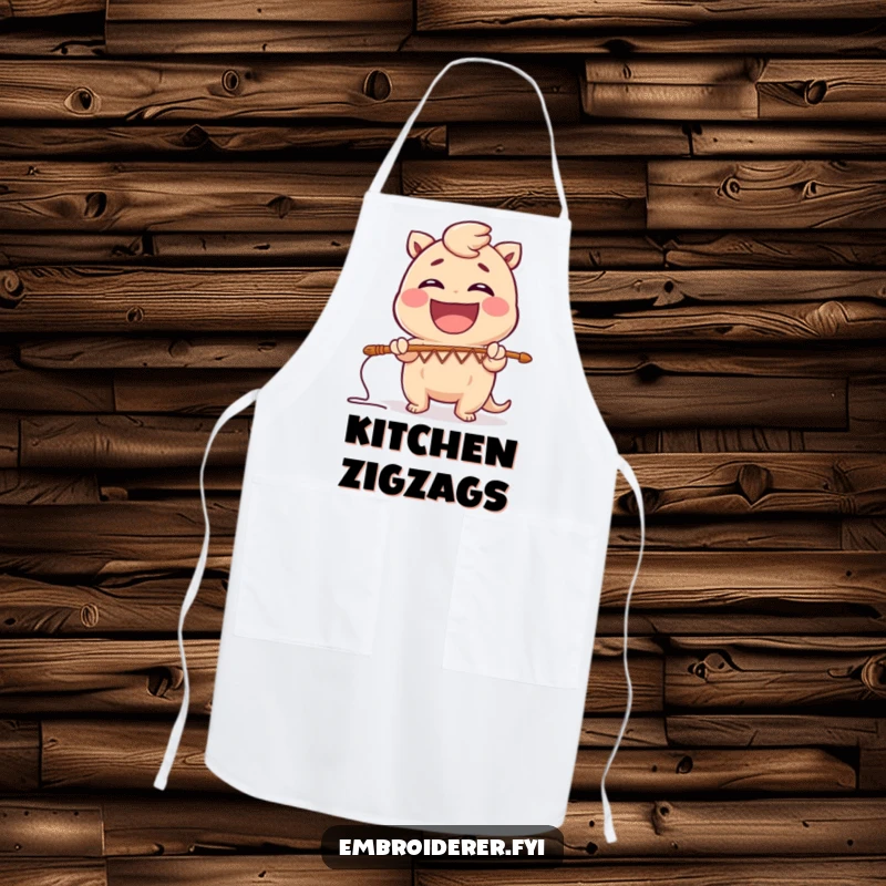 Funny apron featuring a character with a large needle making a zig-zag stitch pattern, ideal for messy art or kitchen fun.