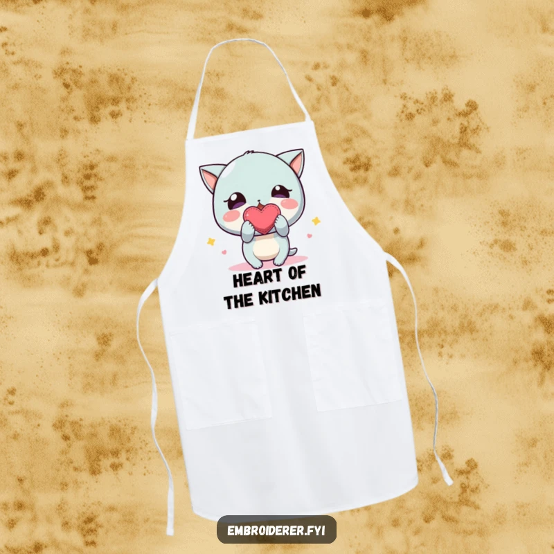 Funny Apron: A character excitedly showing off a small, imperfectly embroidered heart, bringing cheer to kitchen tasks.