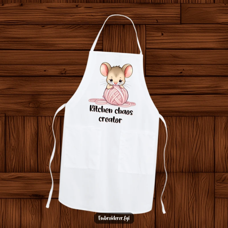 Funny Mouse Yarn Apron, a curious mouse tangled in yarn, humorous and cute kitchen accessory for cooks.