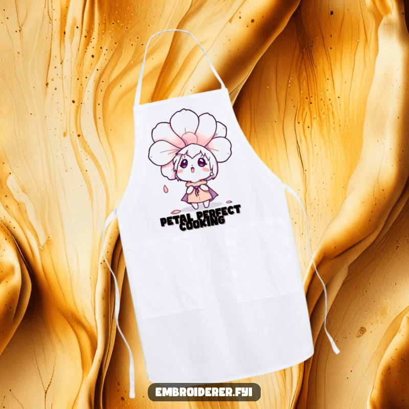 Funny character surprised by a falling embroidered flower petal, featured on an apron for garden or kitchen use.