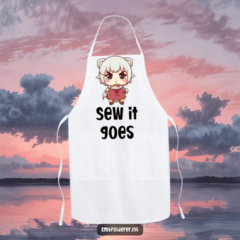 Funny apron featuring a determined character actively using a needle and hoop, perfect for protecting clothes during creative and humorous activities.