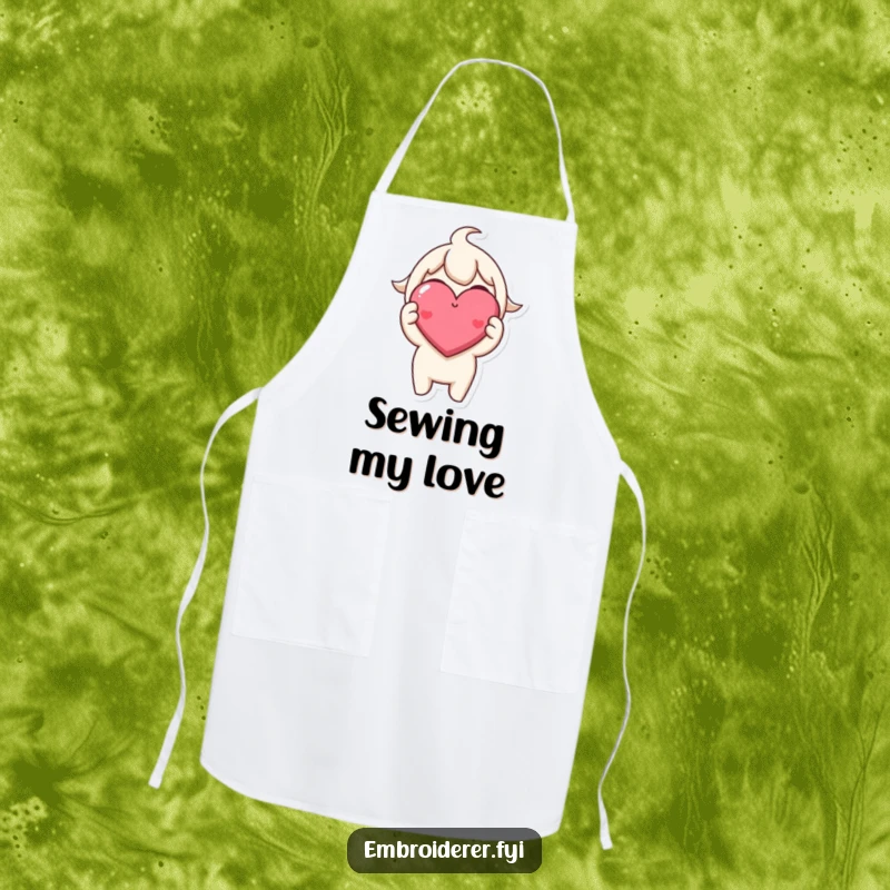 Funny Apron: A character joyfully holds a tiny, perfectly stitched, smiling heart, perfect for kitchen creativity.