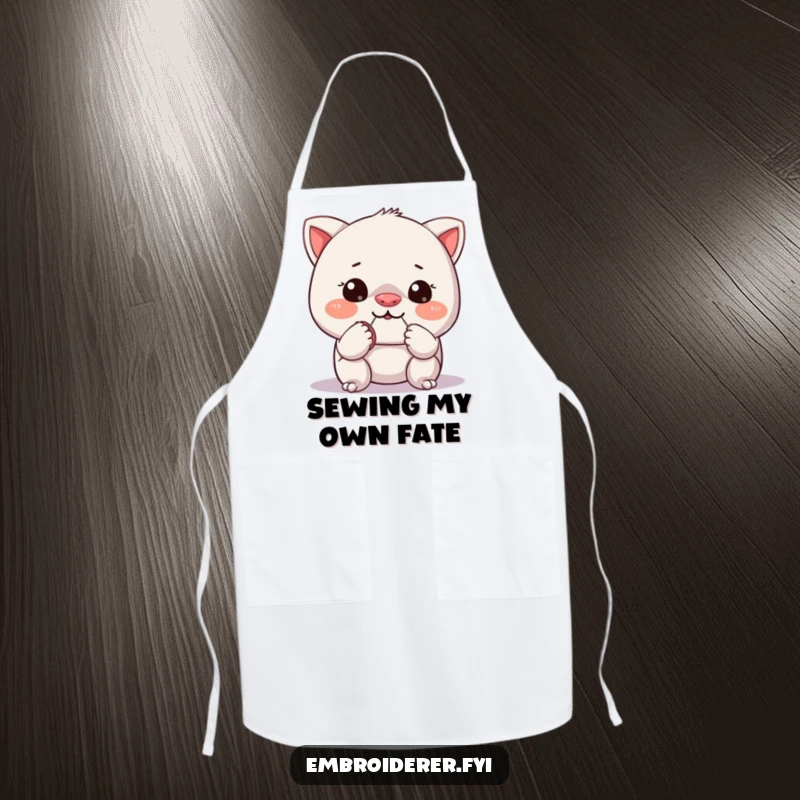 Funny apron showing a mischievous character attempting to sew a tiny button onto its own nose, a humorous cooking or crafting accessory.