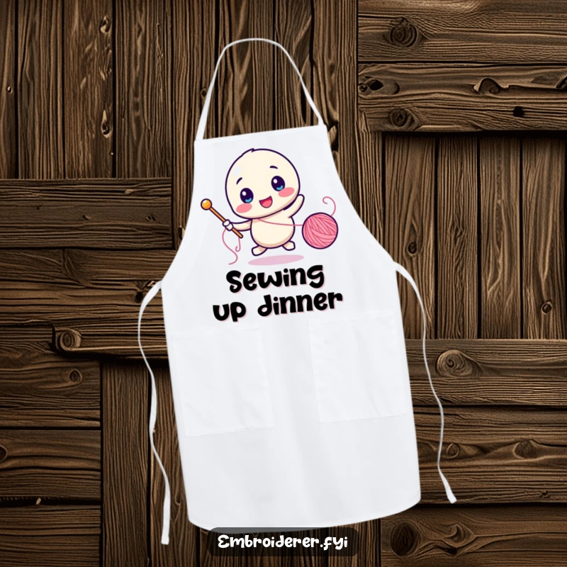 Funny apron depicting a character comically chasing a runaway spool of thread with a needle, perfect for sewing sessions.
