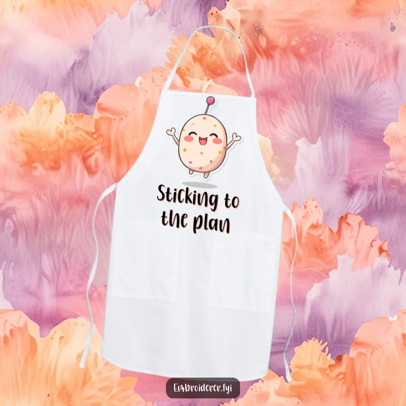 Funny pincushion apron featuring a character bouncing with delight, designed for joyful cooking and crafting.