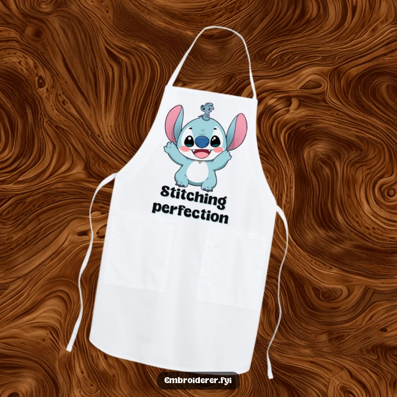 Funny apron featuring a delighted character holding up a ridiculously small stitch, perfect for keeping clean during sewing projects with cheer.