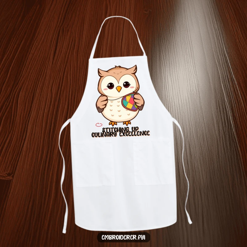 Funny apron showing a smiling owl sewing a bright patch, perfect for protecting clothes with a humorous crafty flair.