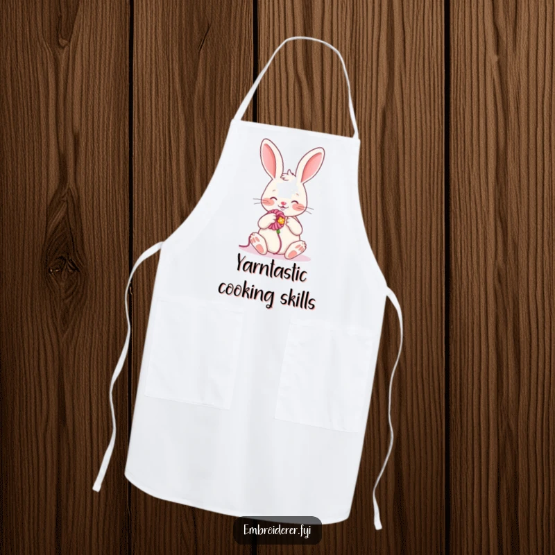 Funny apron showcasing a cheerful rabbit embroidering a flower, providing protection with a touch of humorous, crafty charm.