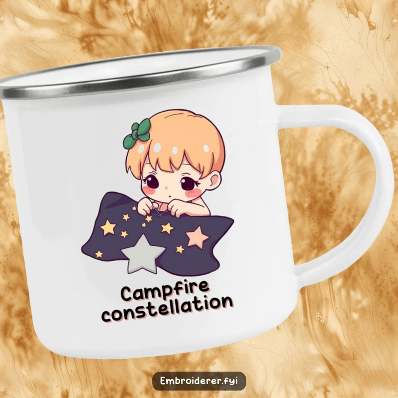 Funny camping mug depicting a determined character carefully stitching tiny stars onto dark fabric, symbolizing cosmic artistry.