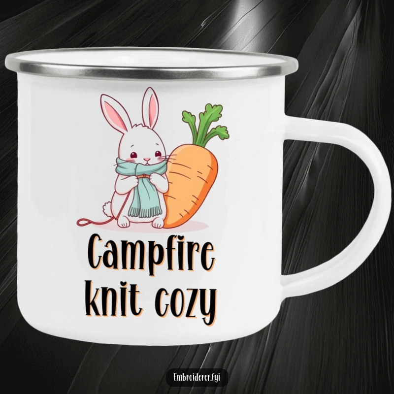 Funny camping mug showing a rabbit knitting a scarf for a giant carrot, perfect for outdoor crafting enjoyment.