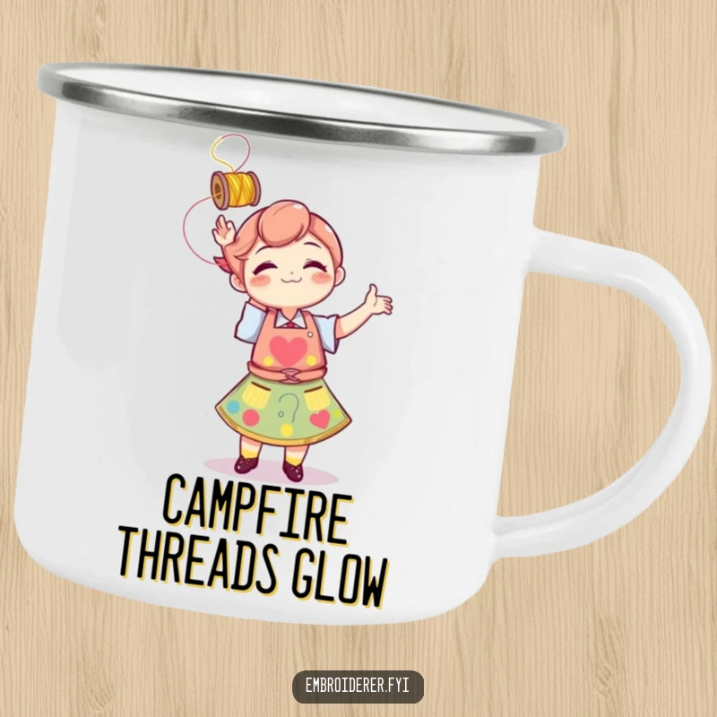 Funny character in an apron playfully tossing a spool of thread, designed for a durable camping mug for outdoor creators.