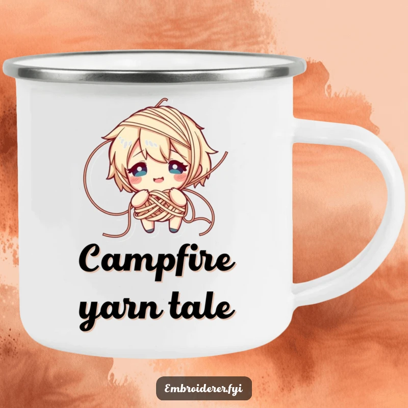 Funny camping mug featuring a character comically tangled in yarn, looking flustered but smiling, perfect for knitters outdoors.