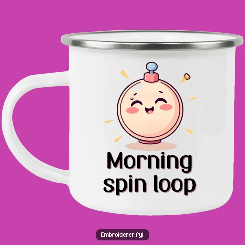 Cheerful Bobbin Camping Mug: Energetic Brews, Sewing Fun