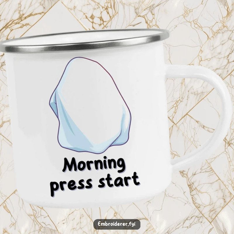 Funny Iron Camping Mug depicting a contented iron smoothing fabric, ideal for neat freaks who enjoy the outdoors.