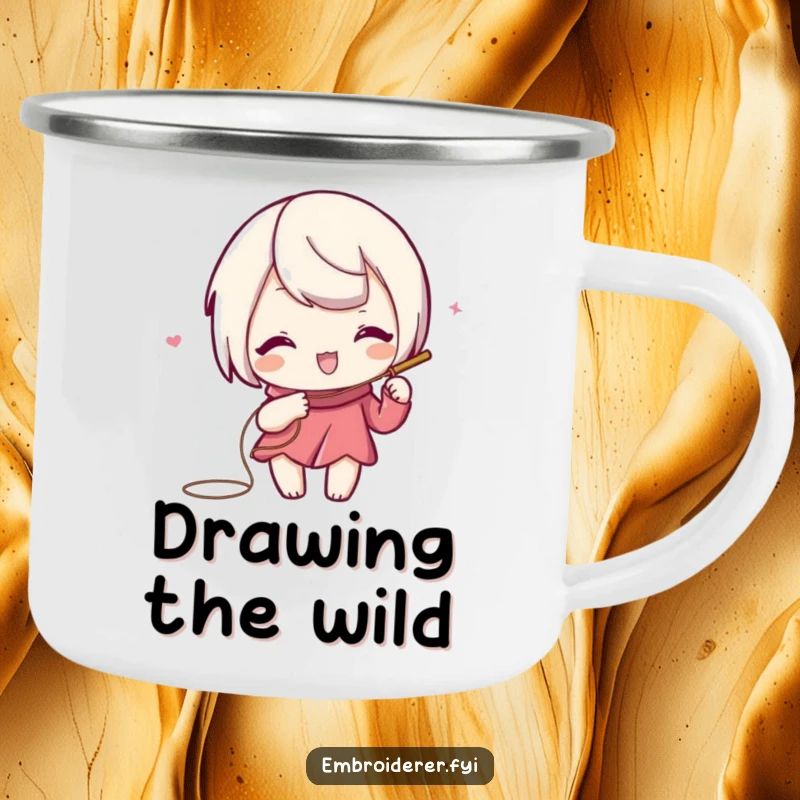 Funny camping mug featuring a playful character using needle and thread to draw a swirling, decorative line.