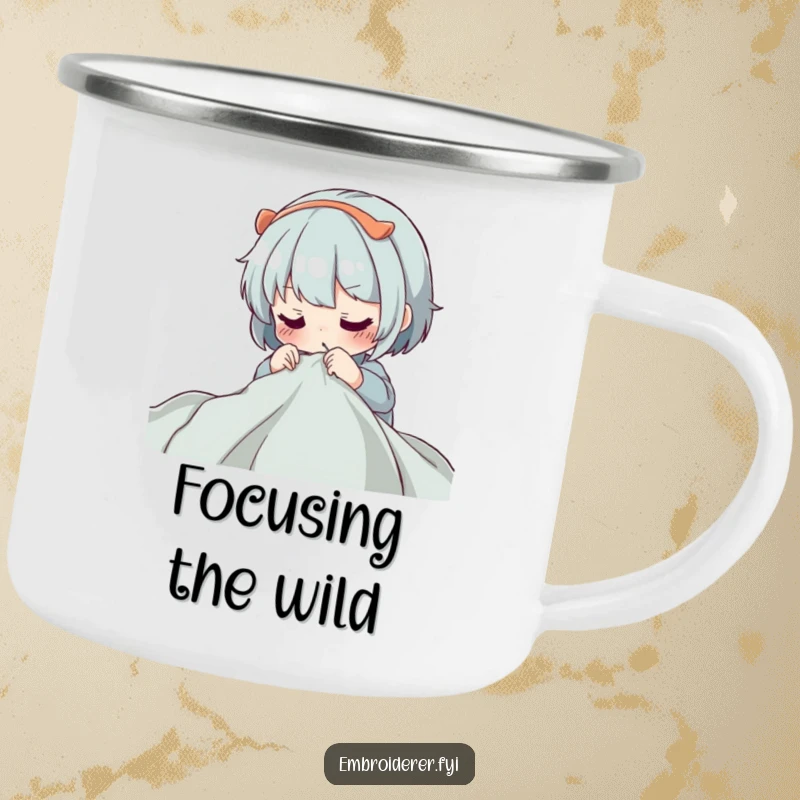 Funny Camping Mug: A character concentrating intensely while guiding a needle through fabric, for outdoor craft enthusiasts.