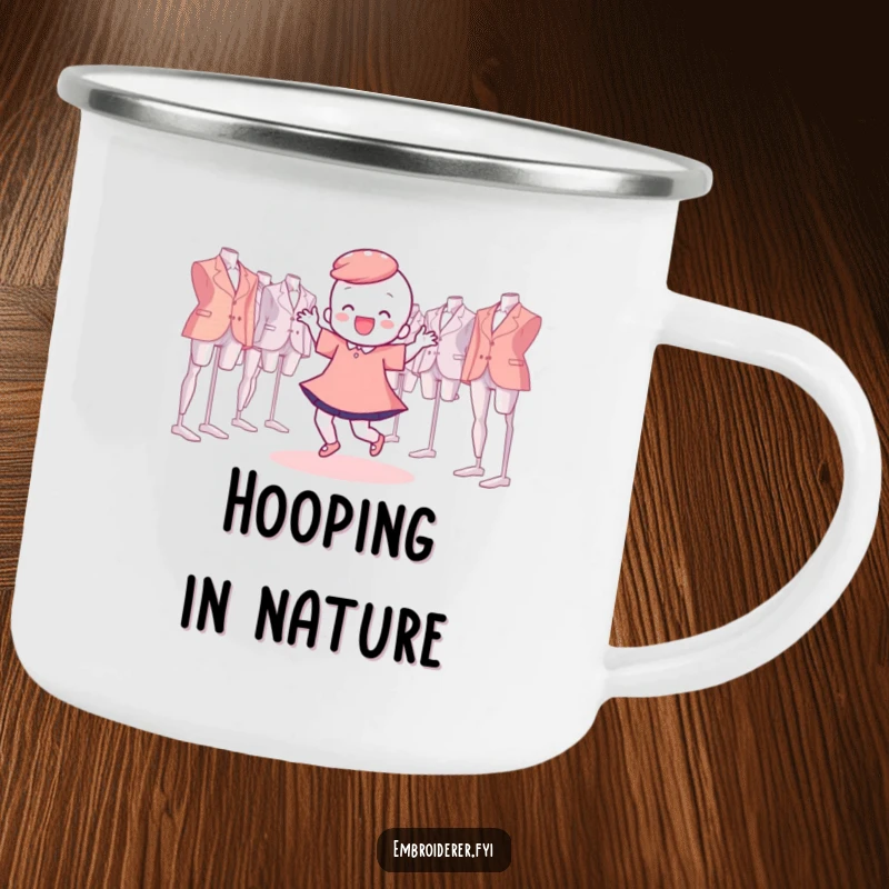 Funny Camping Mug showing a character joyfully dancing with embroidery hoops floating around them, a humorous outdoor companion.
