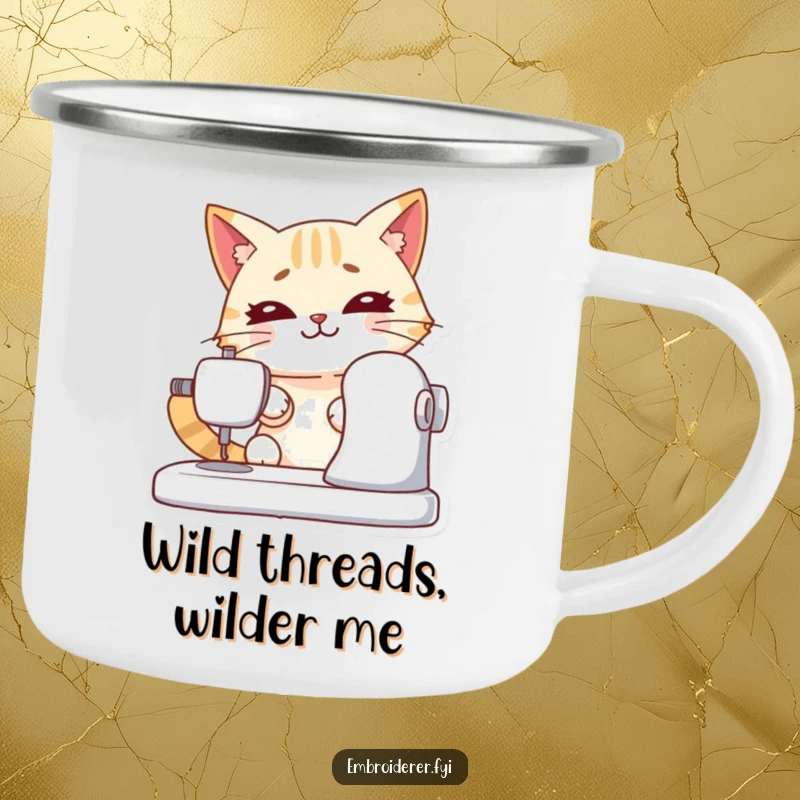 Funny camping mug with a determined cat sewing, perfect for enjoying drinks with a humorous, crafty focus outdoors.
