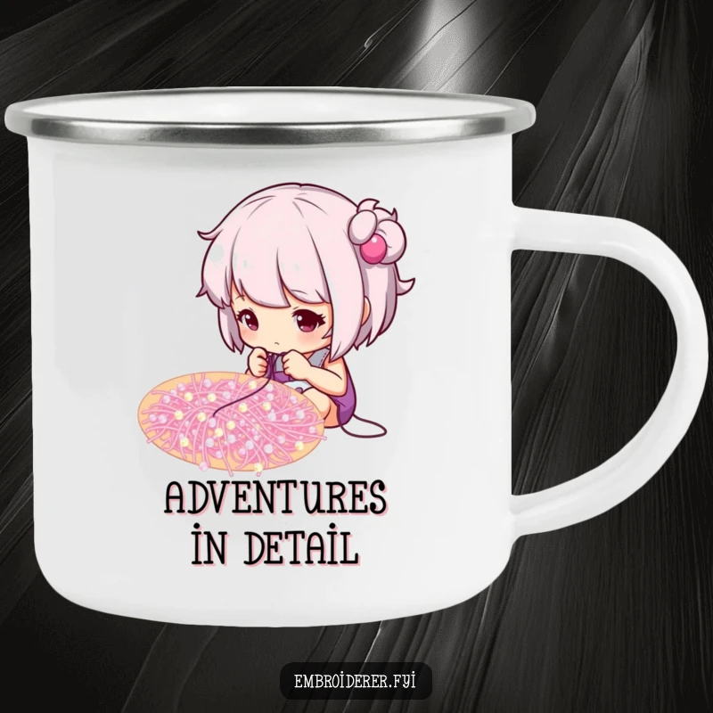 Funny camping mug with a focused crafter working on a beaded design, built for creative adventures.