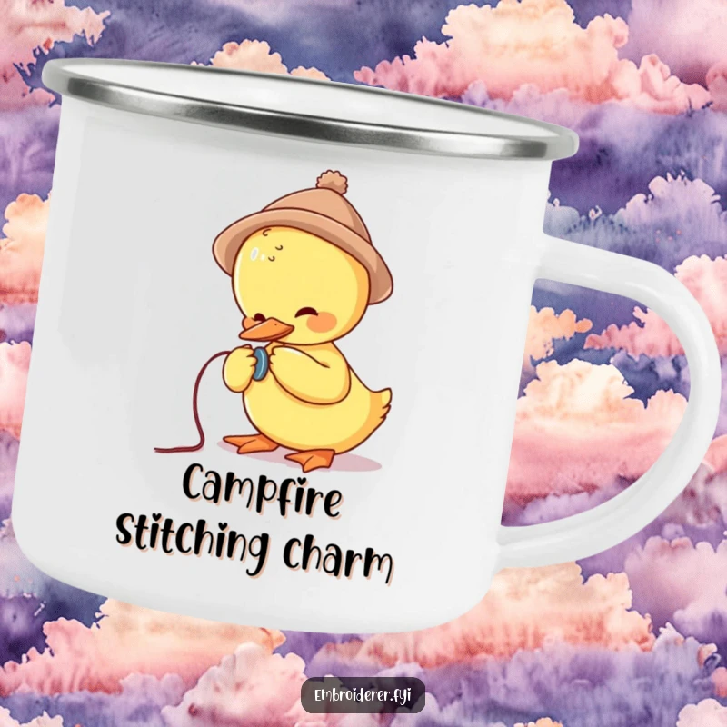 Funny camping mug showing a cute duck in a small hat struggling to sew a button, perfect for outdoor enjoyment.