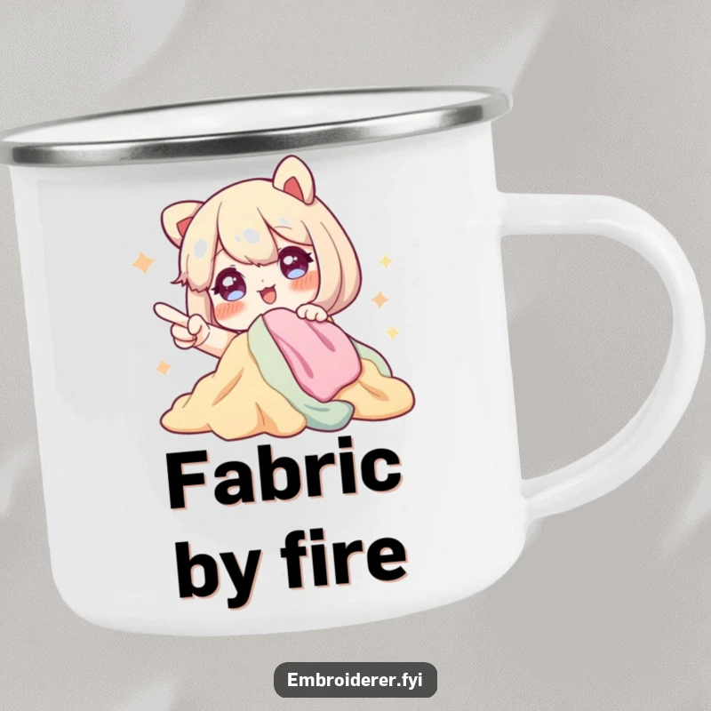 Funny camping mug featuring a character with sparkling eyes, excitedly pointing at a pile of fabric, perfect for crafters enjoying beverages outdoors.