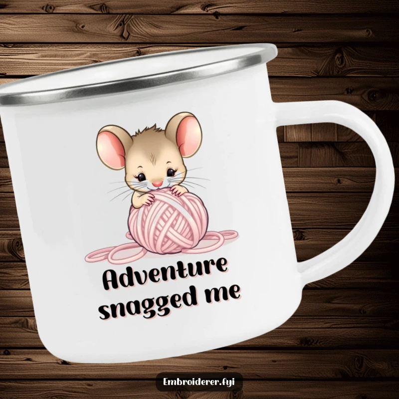Funny Mouse Yarn Camping Mug, a curious mouse tangled in yarn, enamel mug with humorous craft theme.