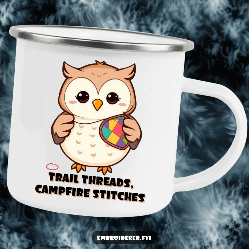 Funny camping mug with a smiling owl stitching a patch, ideal for enjoying beverages with a humorous, crafty twist outdoors.
