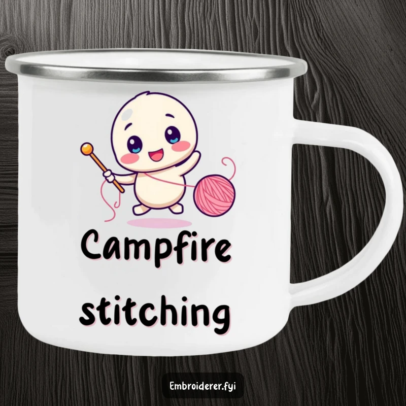 Funny camping mug, character chasing a spool of thread with a needle, perfect for outdoor crafting.