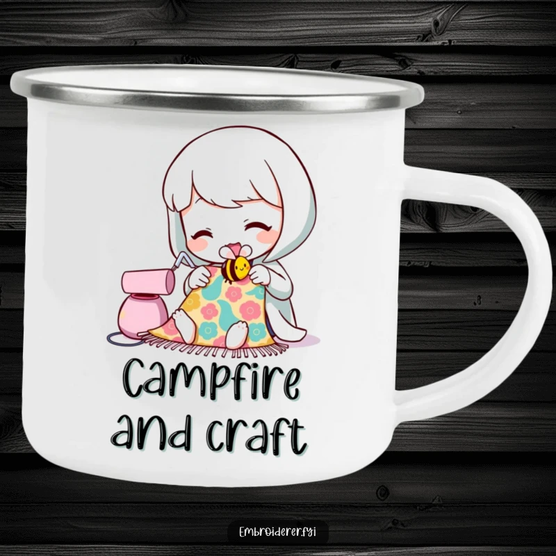 Funny camping mug with a character sewing a tiny, smiling bee, perfect for outdoor enthusiasts who enjoy crafting.