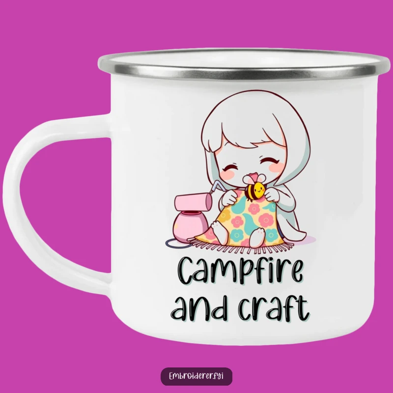 Funny Sewing Bee Camping Mug: Character's Outdoor Crafting Joy, Rugged Drinkware