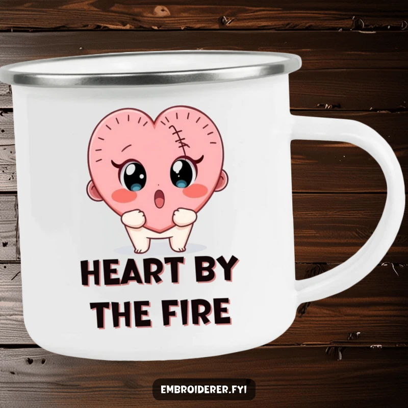 Funny camping mug featuring a surprised character looking wide-eyed at a wobbly, half-finished stitched heart.