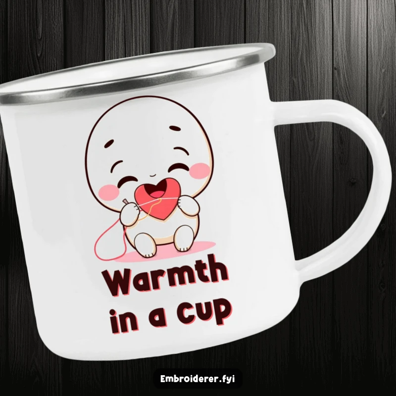 Funny smiling character stitching a heart with needle and thread on a sturdy enamel camping mug.