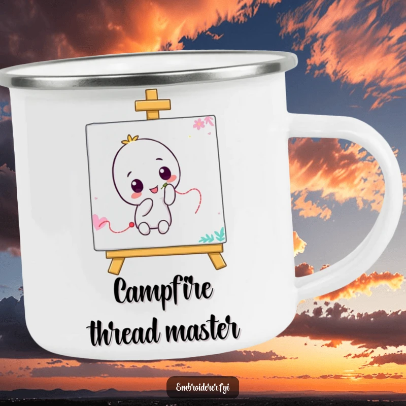 Funny camping mug with a character stitching a wiggly line on a canvas, ideal for outdoor art enthusiasts who appreciate humor.