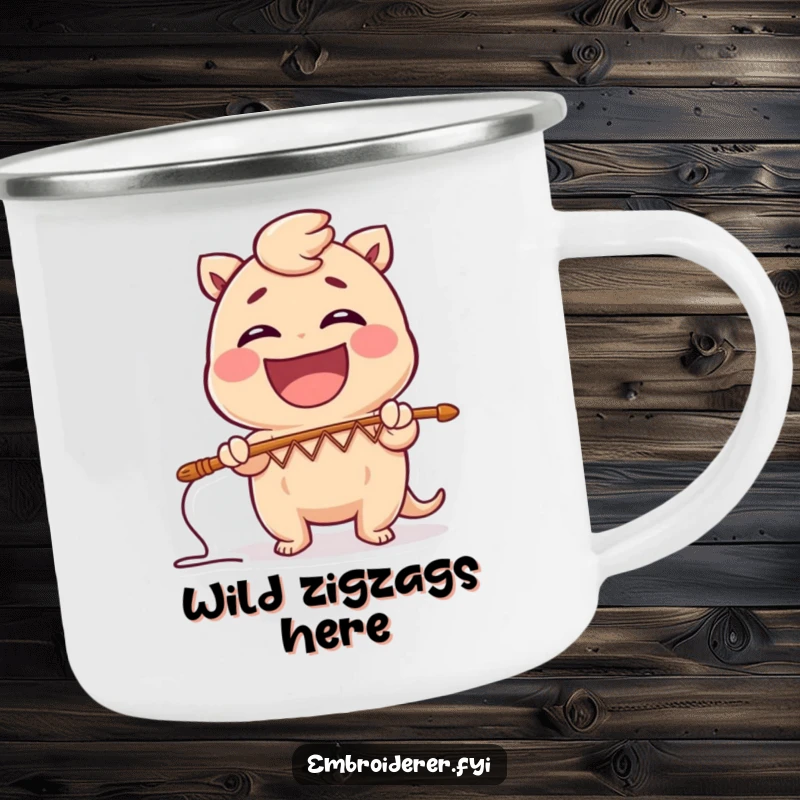 Funny camping mug with a character creating a comical zig-zag stitch pattern, ideal for outdoor artists who enjoy humor and unique designs.