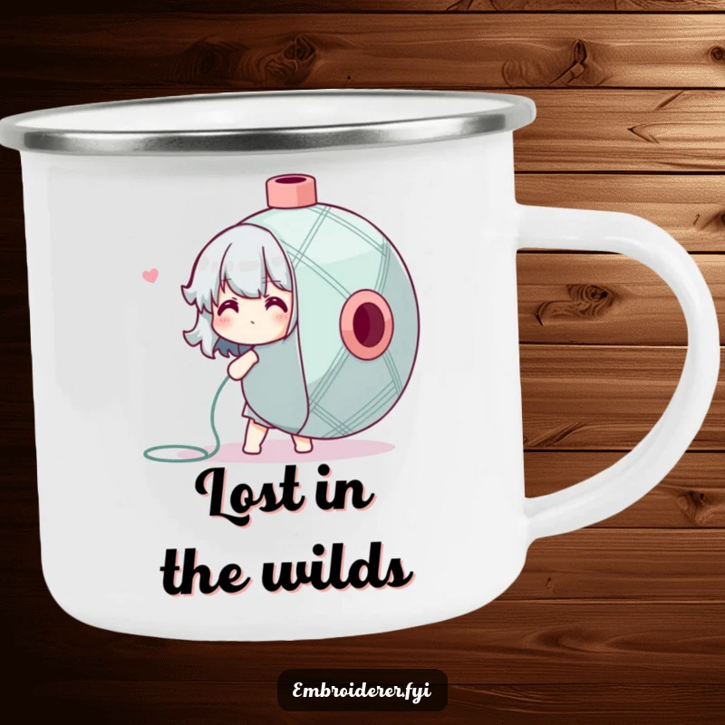 Funny Camping Mug showing a character adorably overwhelmed by a giant spool of embroidery floss, a humorous outdoor companion.